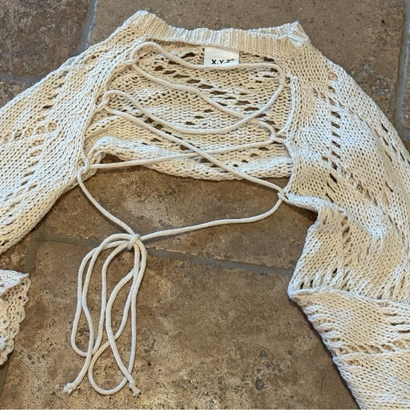 X.Y.Z Cream Lace Front Open Knit Cropped Sweater Festival Coachella- One Size - Picture 2 of 7